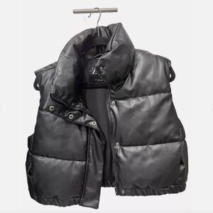 Zara Womens Black Faux Leather Puffer Vest Size M NWOT
